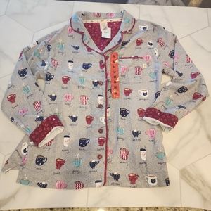 Munki munki, women's NWTO  coffee mug print long sleeve, button up pajama top.